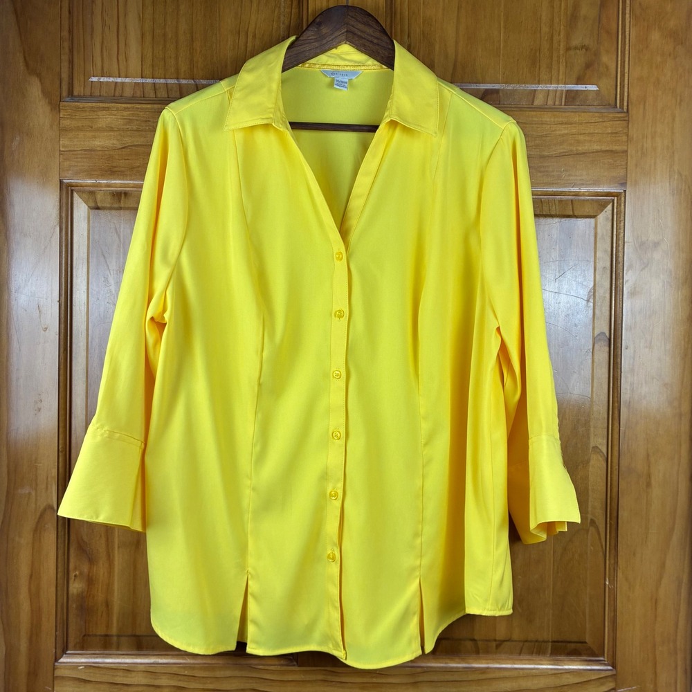 Women 14/16 Yellow 3/4 Sleeve Button Up Blouse Top Bright Spring Office Career
